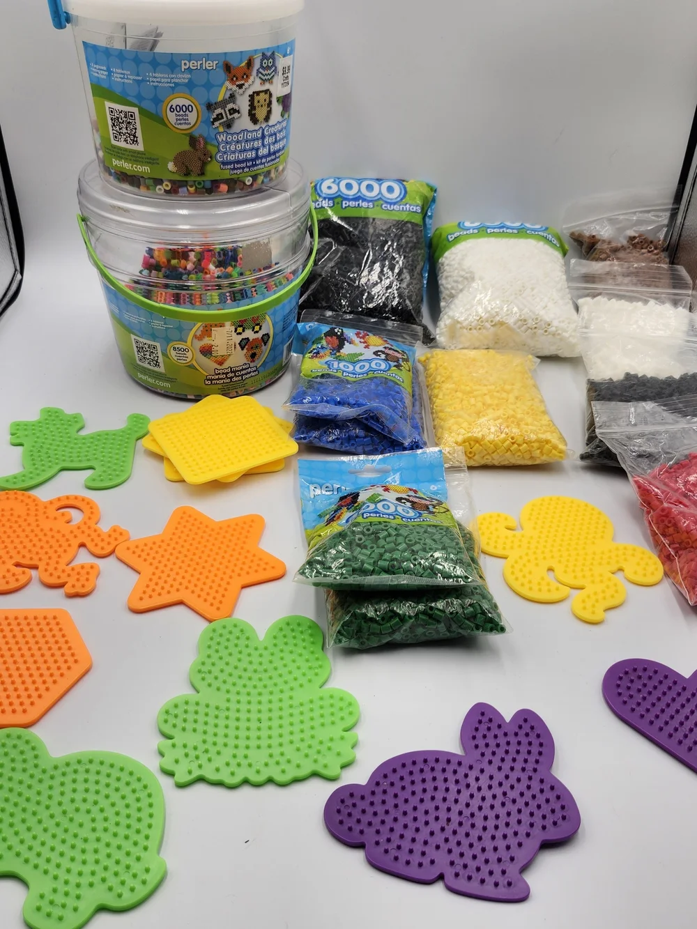Perler Bead Lot Of 15000+ Beads & 12 Peg Boards Variety Shapes New & Used Bags